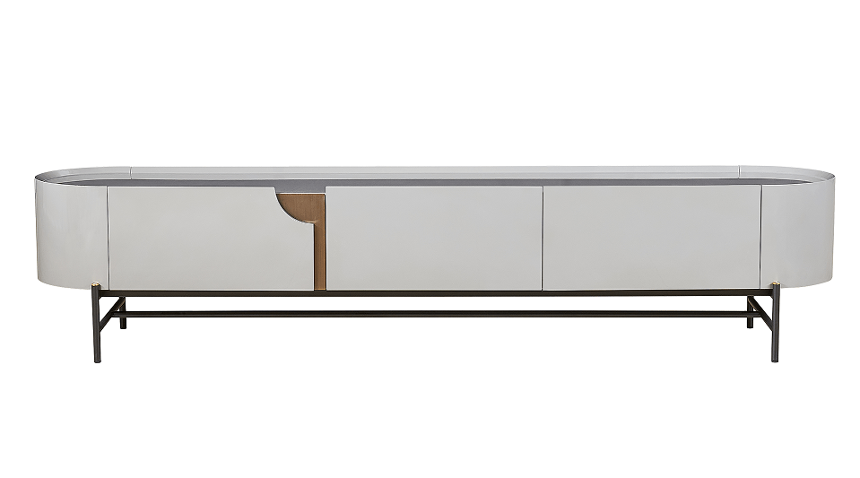 Marbled-Accent TV Console Textured Metal Panels Drawer Storage