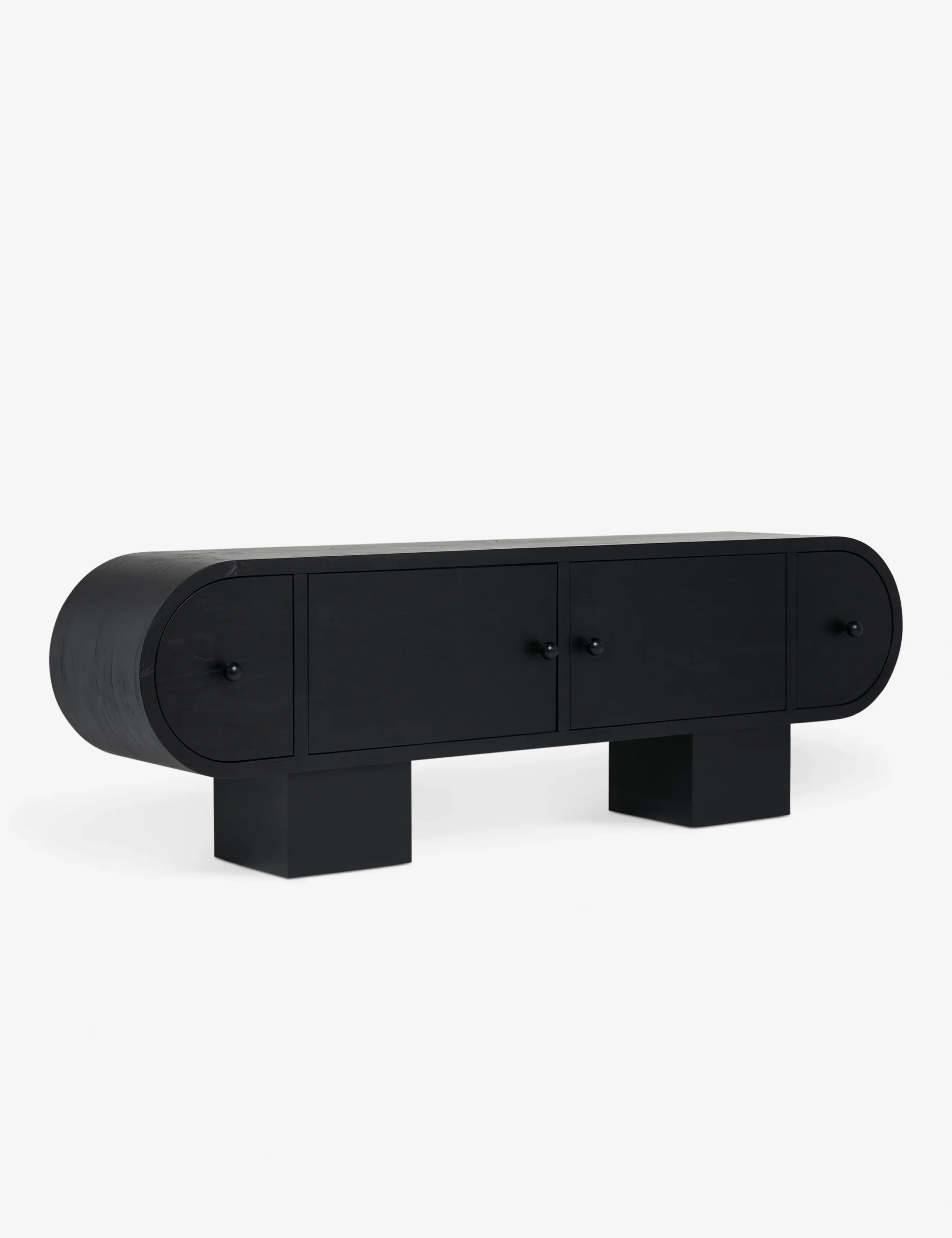 Black Wooden TV Console Curved Door Design Block Legs Modern Minimalist Storage Cabinet