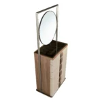 Walnut Tall Dresser with Round Mirror and Upholstered Drawers