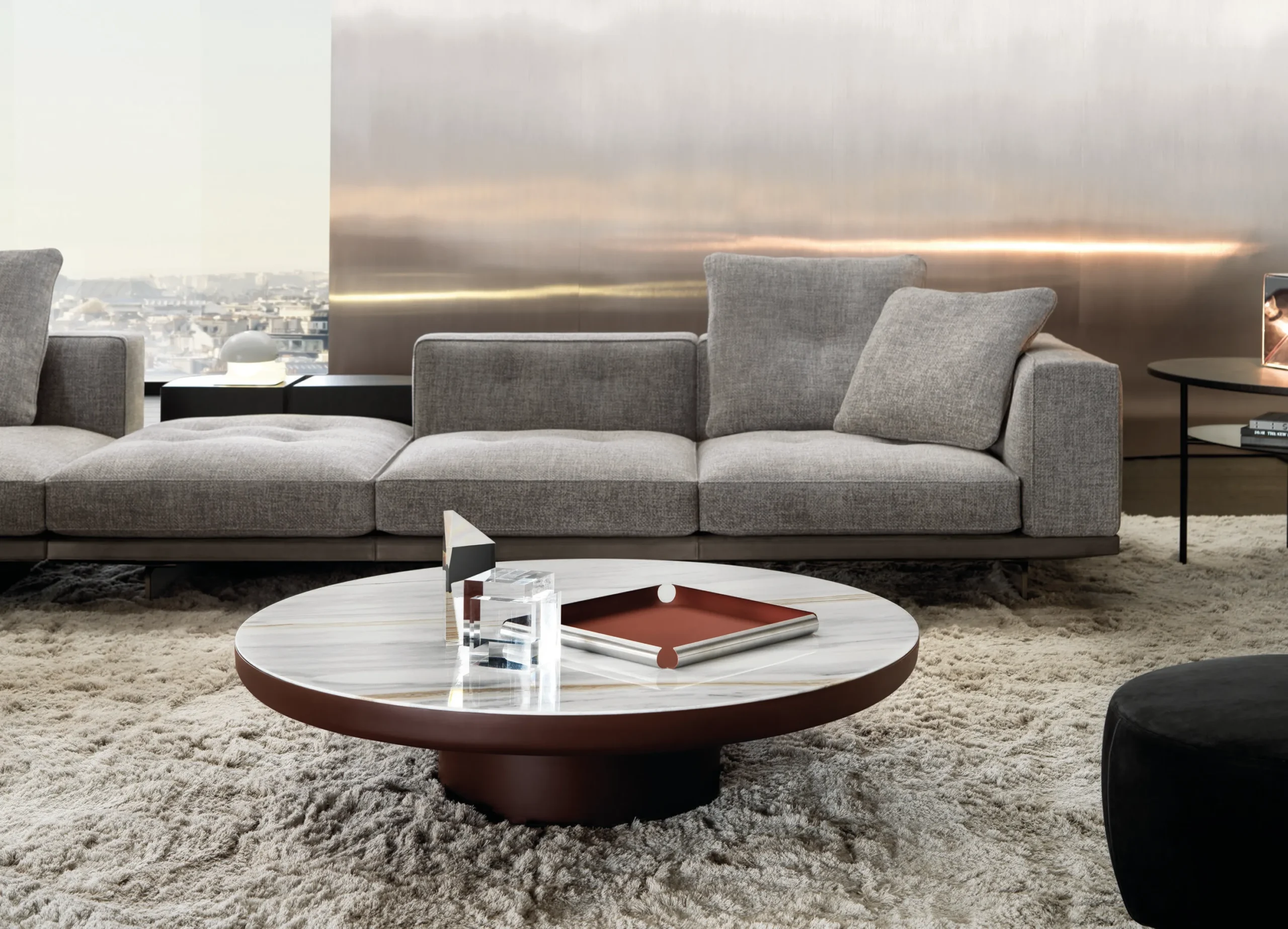 Minimalist Green Marble Round Coffee Table Metal Pedestal