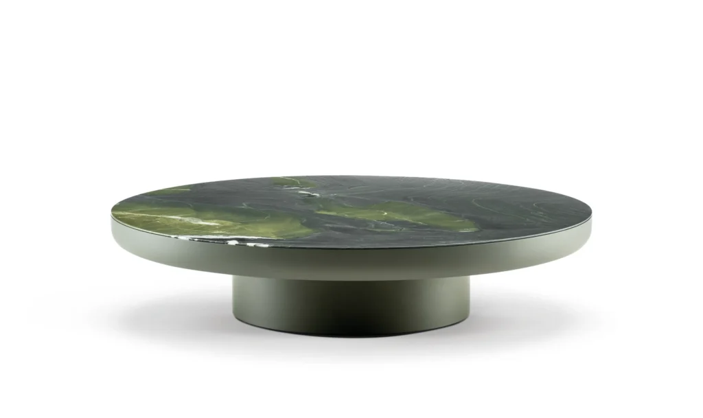 Minimalist Green Marble Round Coffee Table Metal Pedestal