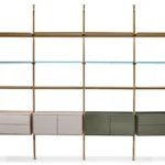 Modular Gold Metal Frame Wall Unit with Glass Shelves and Storage Cabinets