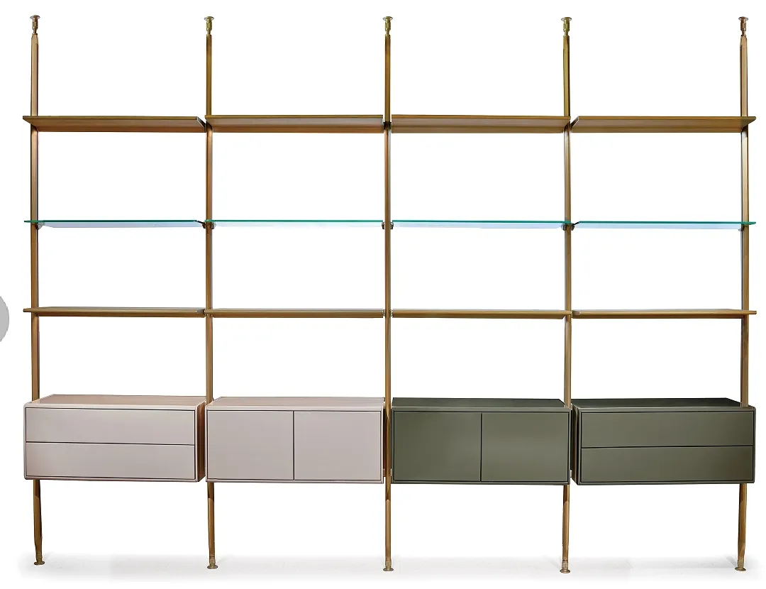 Modular Gold Metal Frame Wall Unit with Glass Shelves and Storage Cabinets