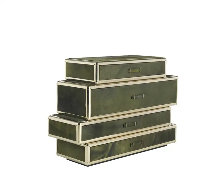 Olive-Green Nested Drawer Set Gold-Trim Textured Finish Compact Storage