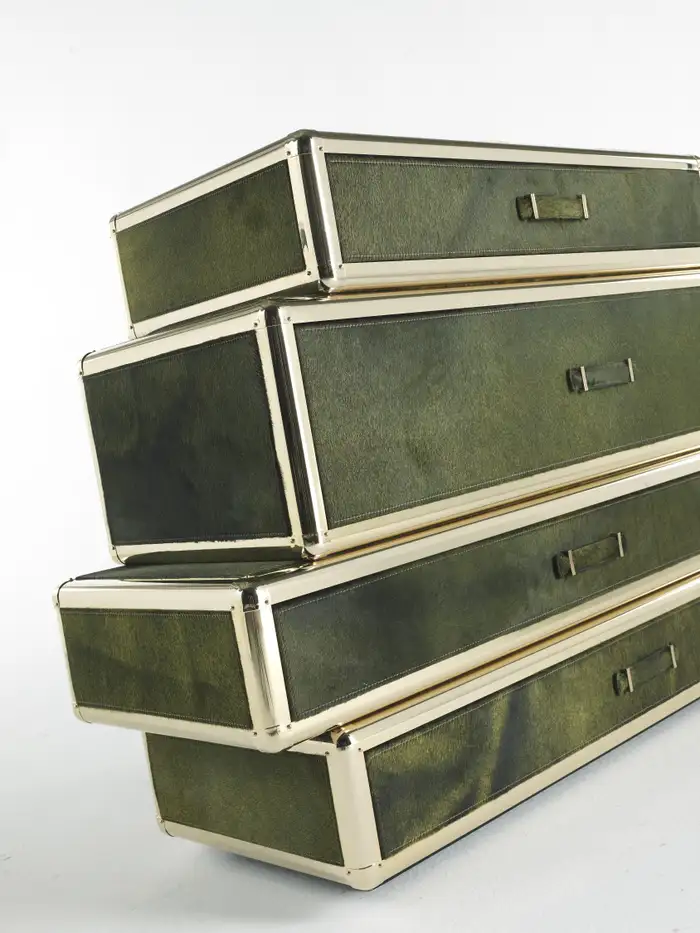 Olive-Green Nested Drawer Set Gold-Trim Textured Finish Compact Storage