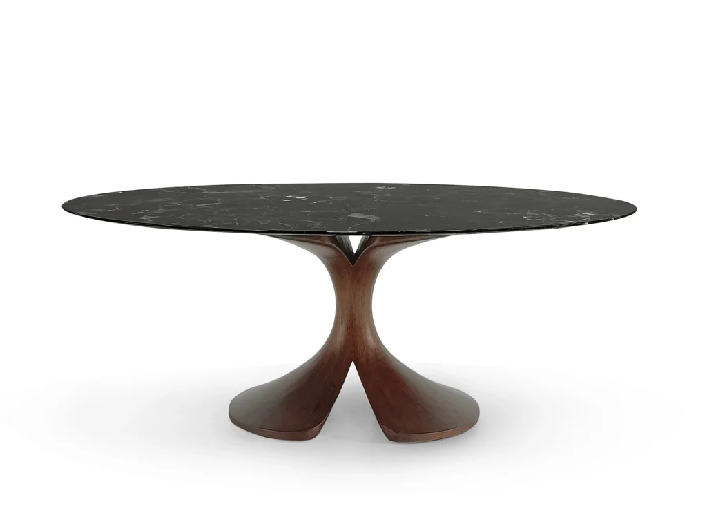 Round Black Marble Dining Table with Sculpted Walnut Base