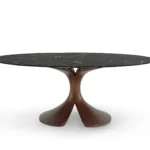 Round Black Marble Dining Table with Sculpted Walnut Base