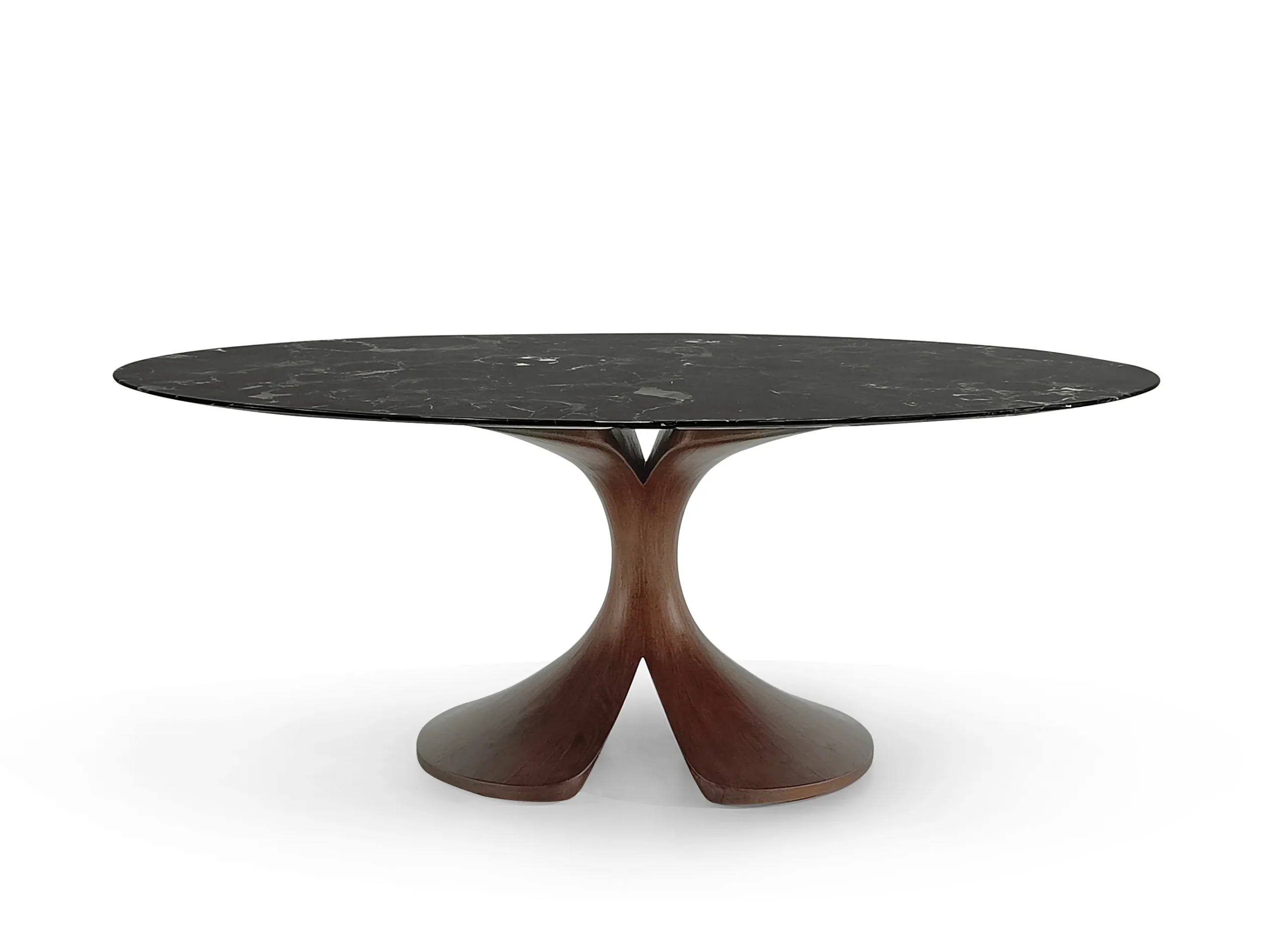 Round Black Marble Dining Table with Sculpted Walnut Base