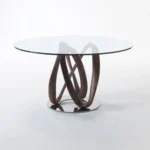 Round Glass Dining Table with Intertwined Wood Legs and Chrome Base