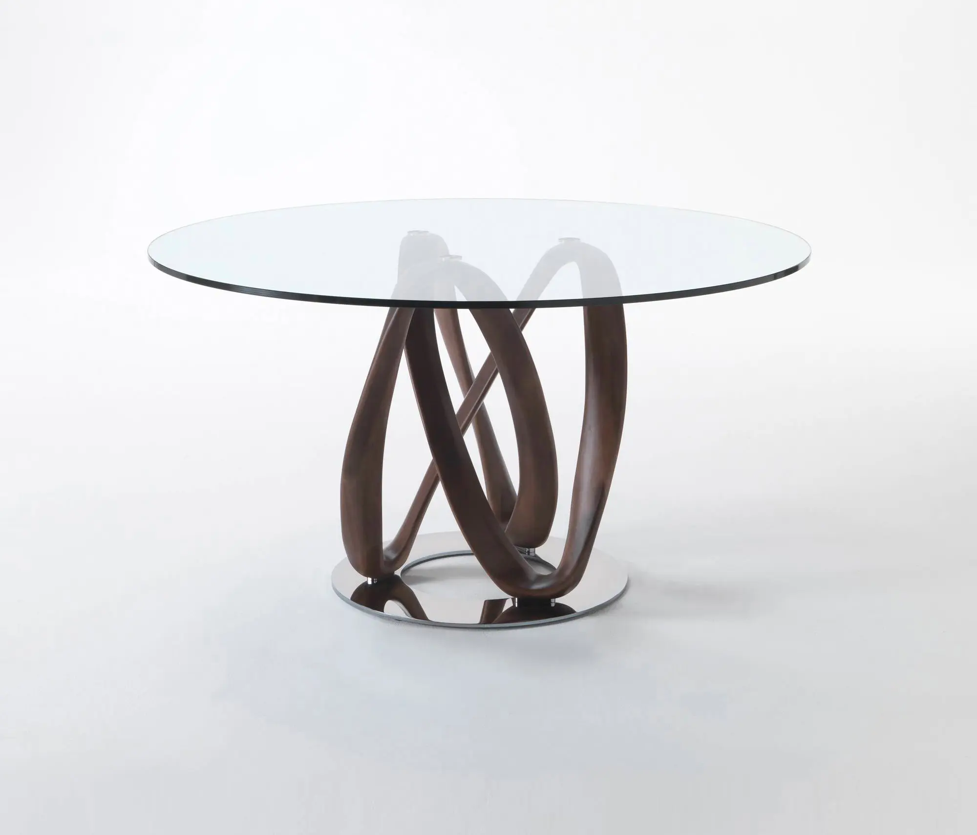 Round Glass Dining Table with Intertwined Wood Legs and Chrome Base