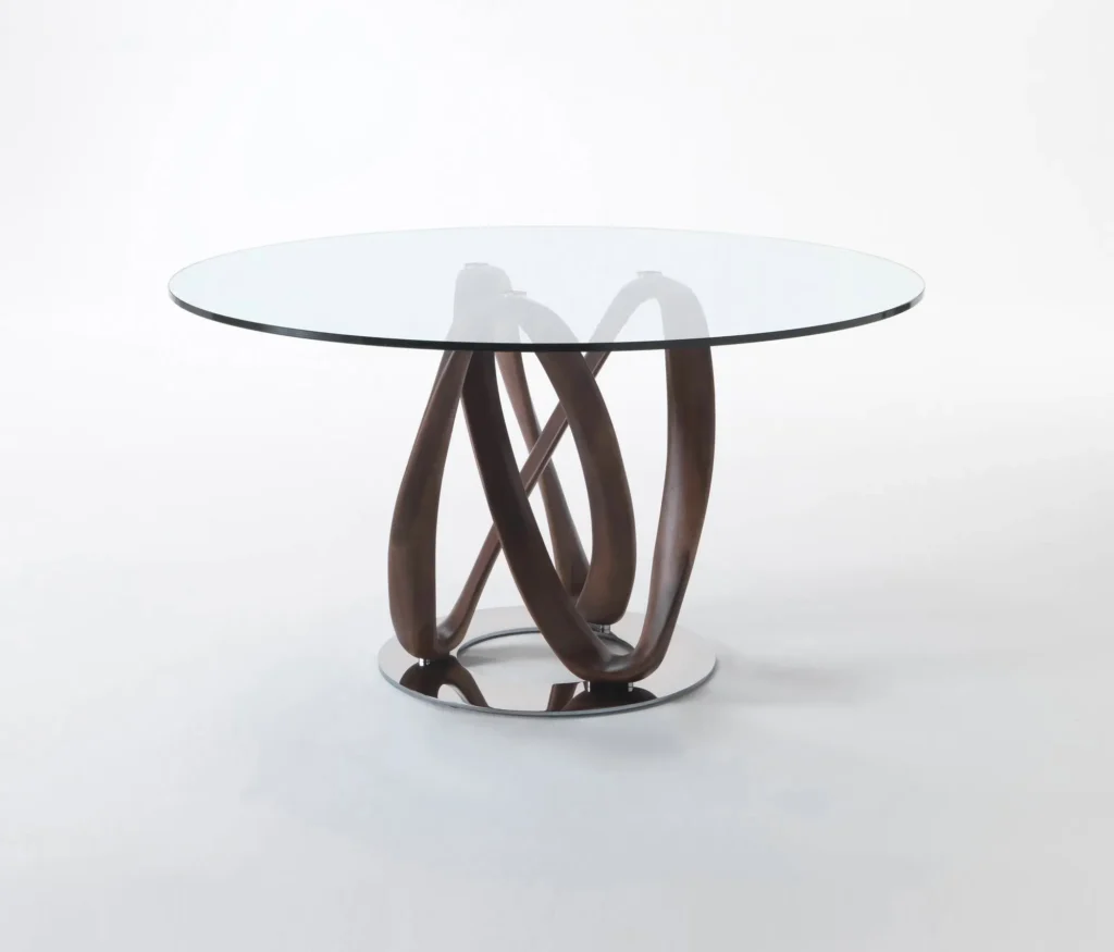 Round Glass Dining Table with Intertwined Wood Legs and Chrome Base