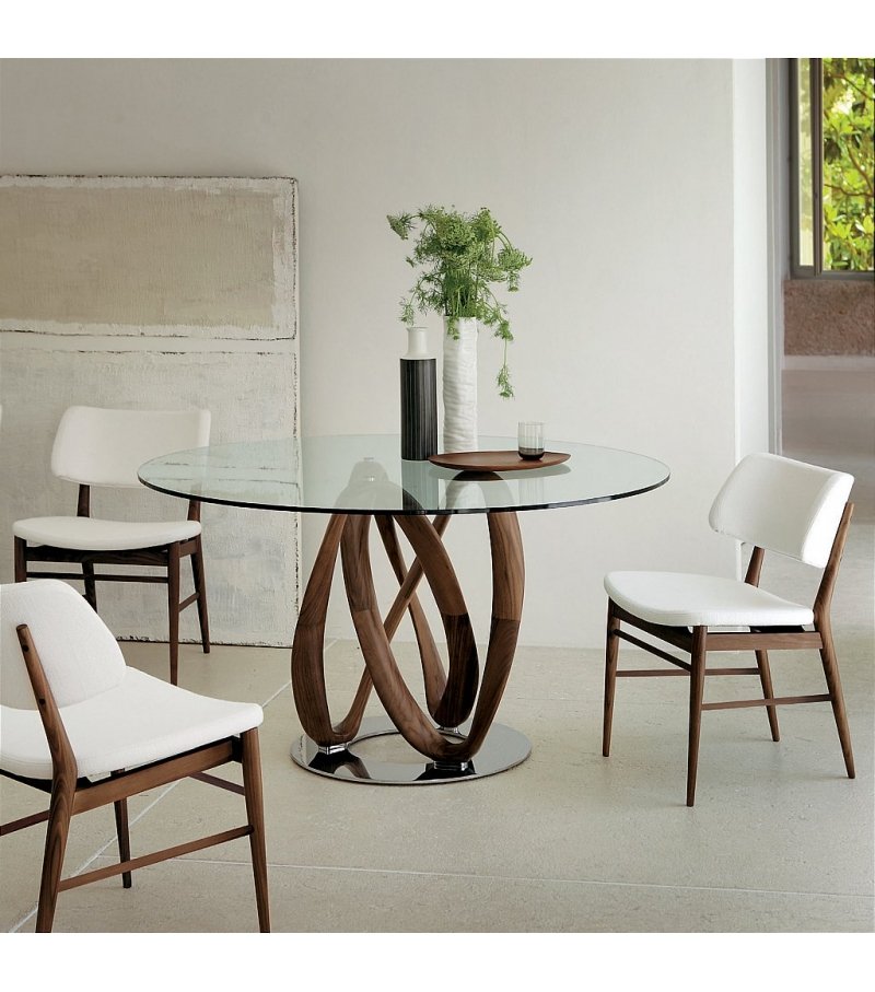 Round Glass Dining Table with Intertwined Wood Legs and Chrome Base