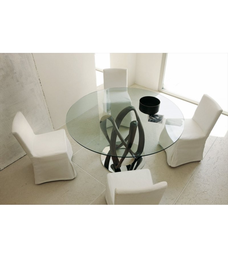 Round Glass Dining Table with Intertwined Wood Legs and Chrome Base