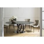 Round Glass Dining Table with Intertwined Wood Legs and Chrome Base