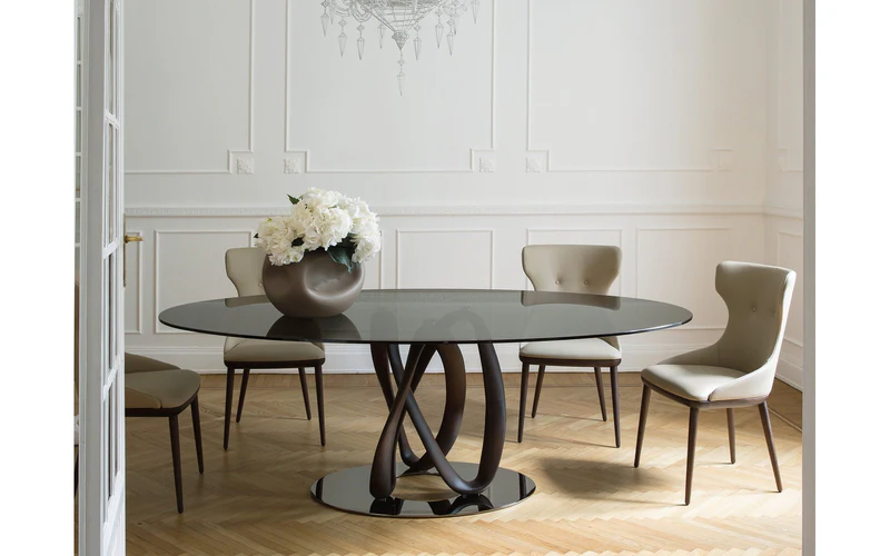 Round Glass Dining Table with Intertwined Wood Legs and Chrome Base