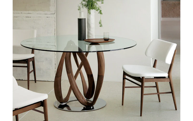 Round Glass Dining Table with Intertwined Wood Legs and Chrome Base