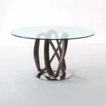 Round Glass Dining Table with Intertwined Wood Legs and Chrome Base