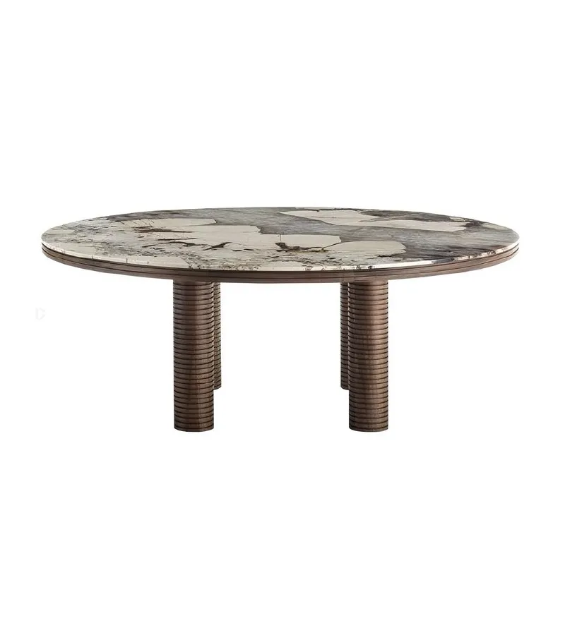 Round Marble Dining Table with Ribbed Walnut Legs