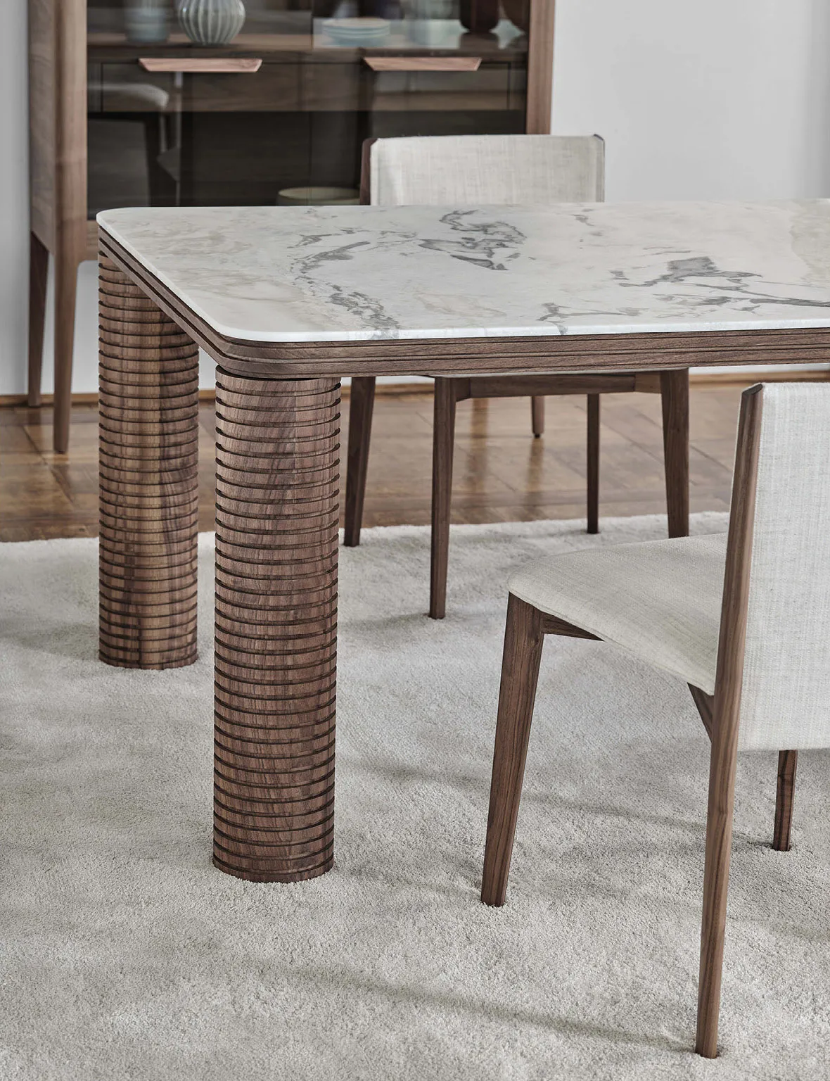 Round Marble Dining Table with Ribbed Walnut Legs