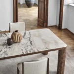 Round Marble Dining Table with Ribbed Walnut Legs