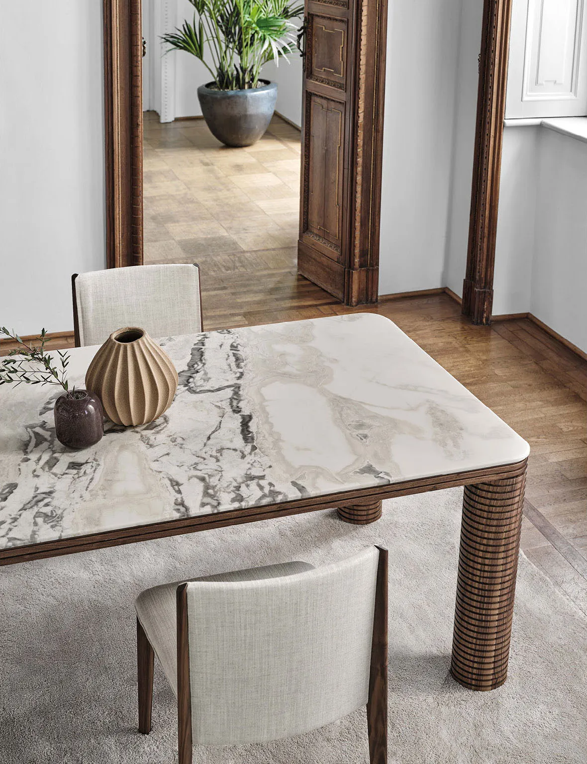 Round Marble Dining Table with Ribbed Walnut Legs