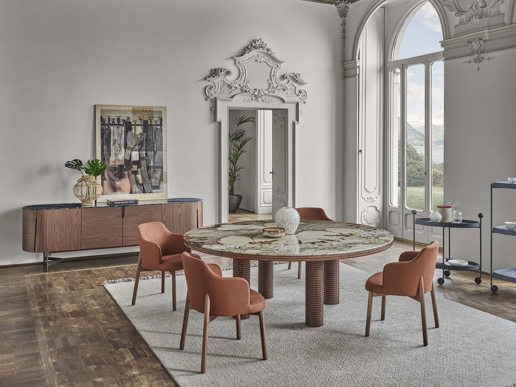 Round Marble Dining Table with Ribbed Walnut Legs