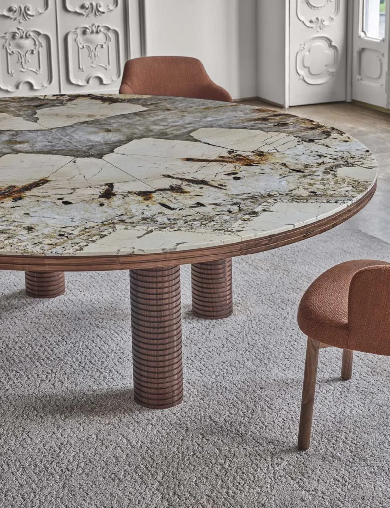 Round Marble Dining Table with Ribbed Walnut Legs