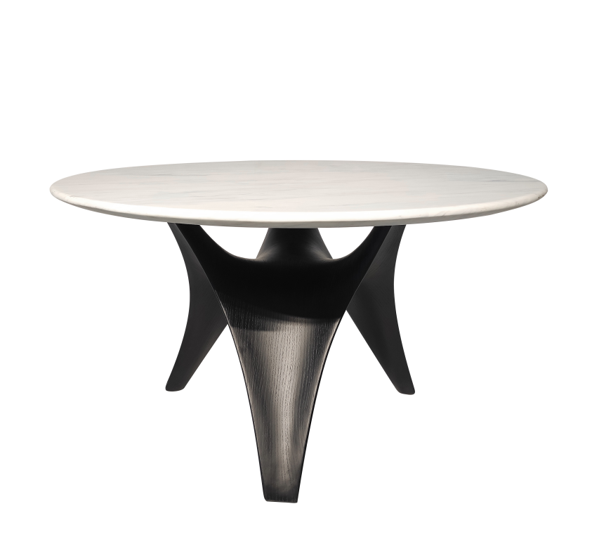 Round White Marble Dining Table with Sculpted Black Wood Base