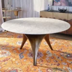 Round White Marble Dining Table with Sculpted Black Wood Base