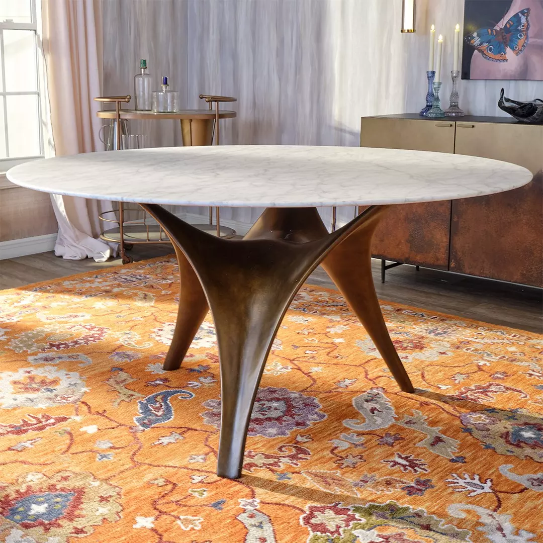 Round White Marble Dining Table with Sculpted Black Wood Base