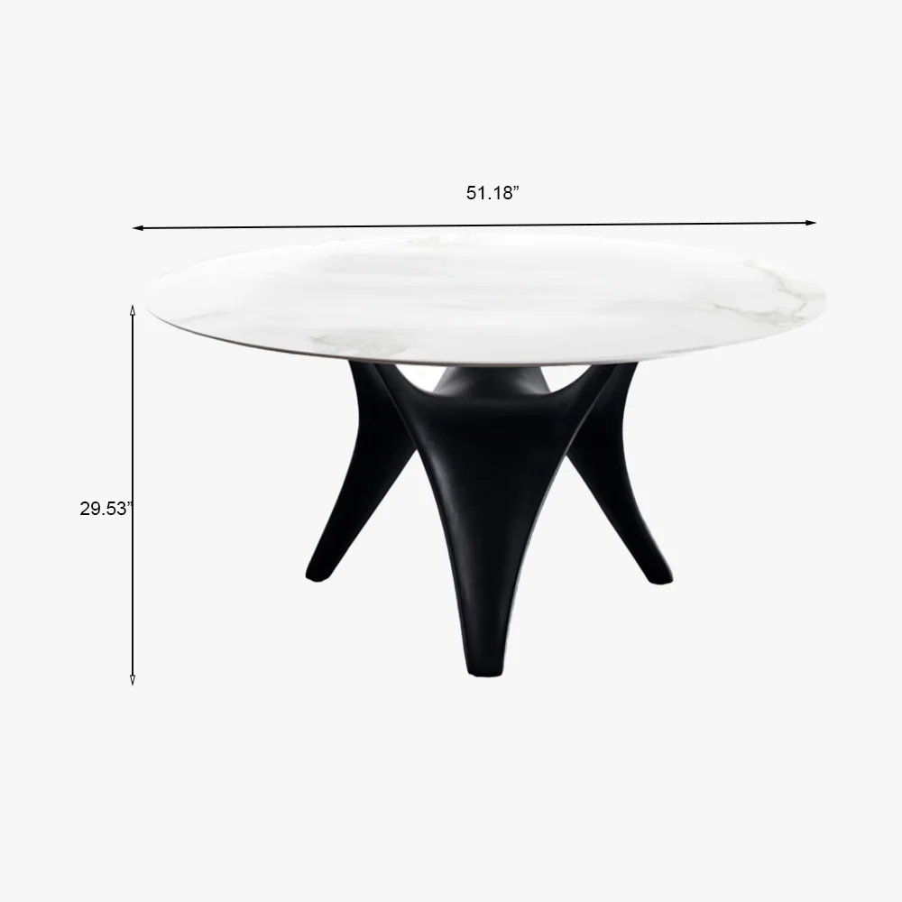 Round White Marble Dining Table with Sculpted Black Wood Base