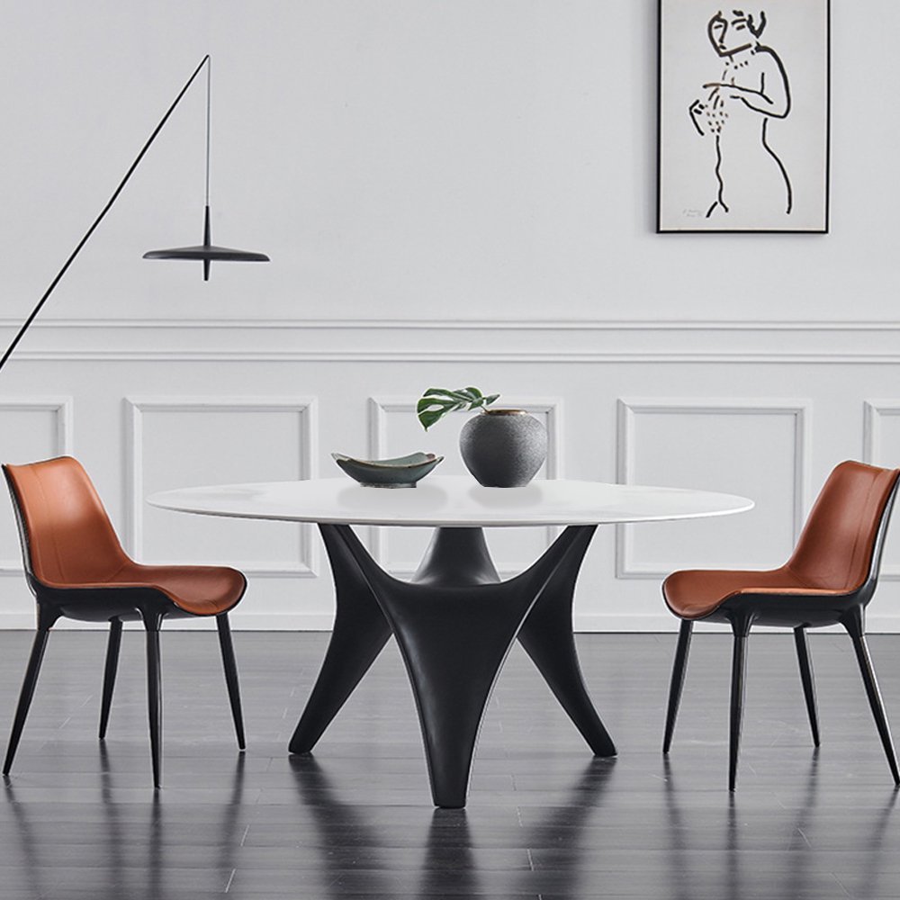 Round White Marble Dining Table with Sculpted Black Wood Base