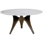 Round White Marble Dining Table with Sculpted Black Wood Base
