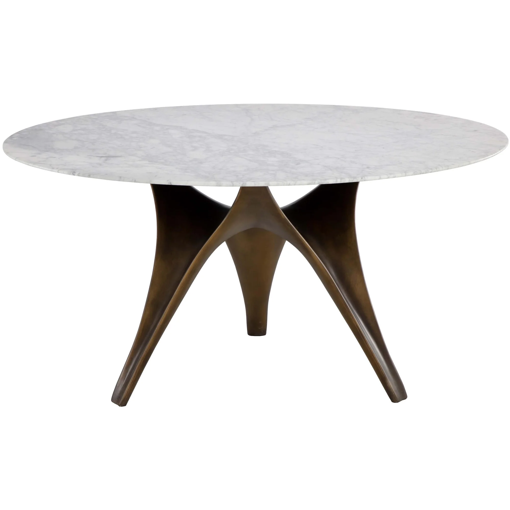 Round White Marble Dining Table with Sculpted Black Wood Base