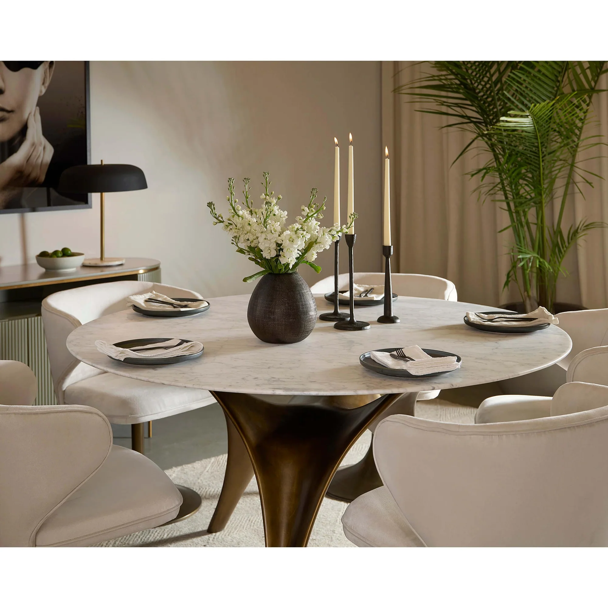Round White Marble Dining Table with Sculpted Black Wood Base