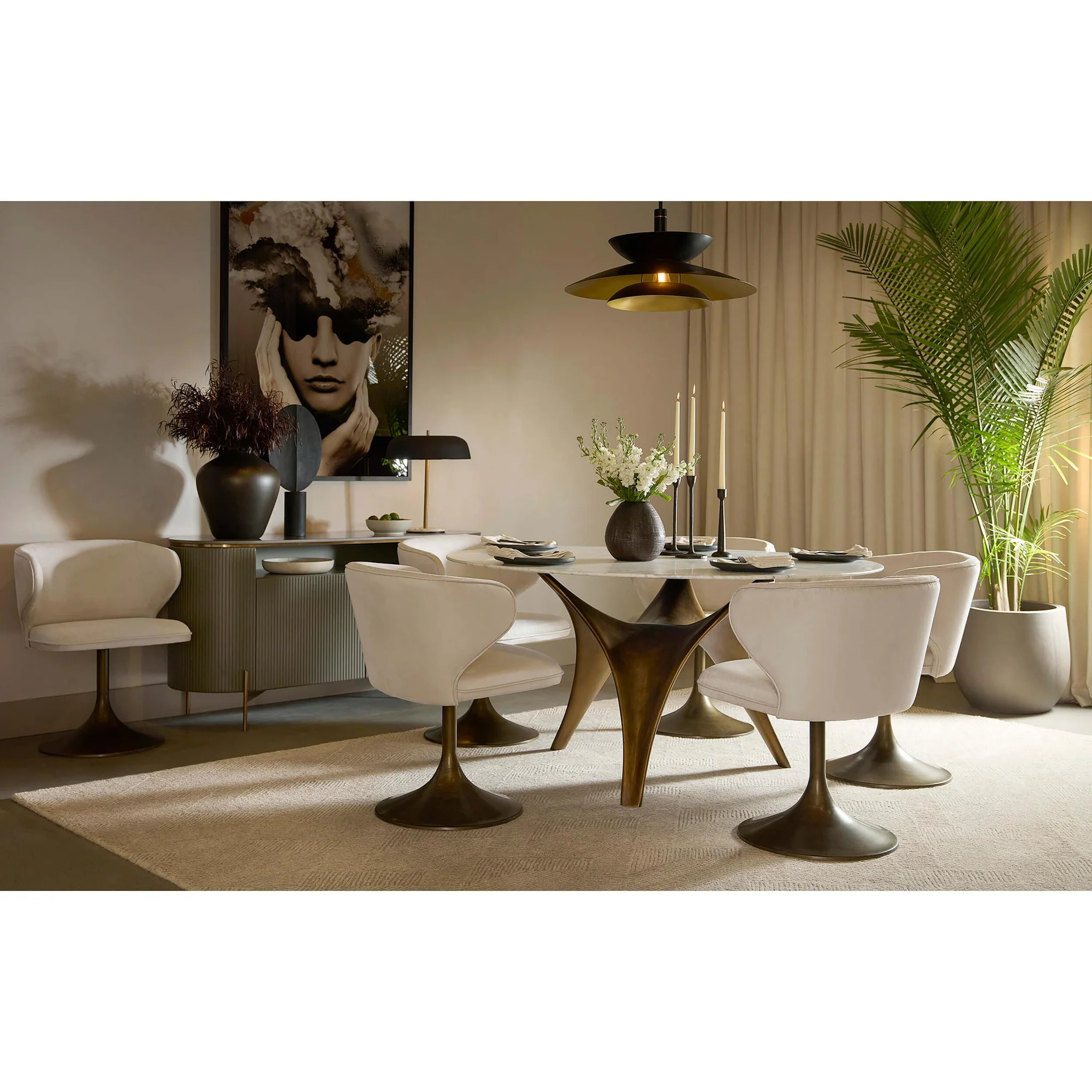 Round White Marble Dining Table with Sculpted Black Wood Base