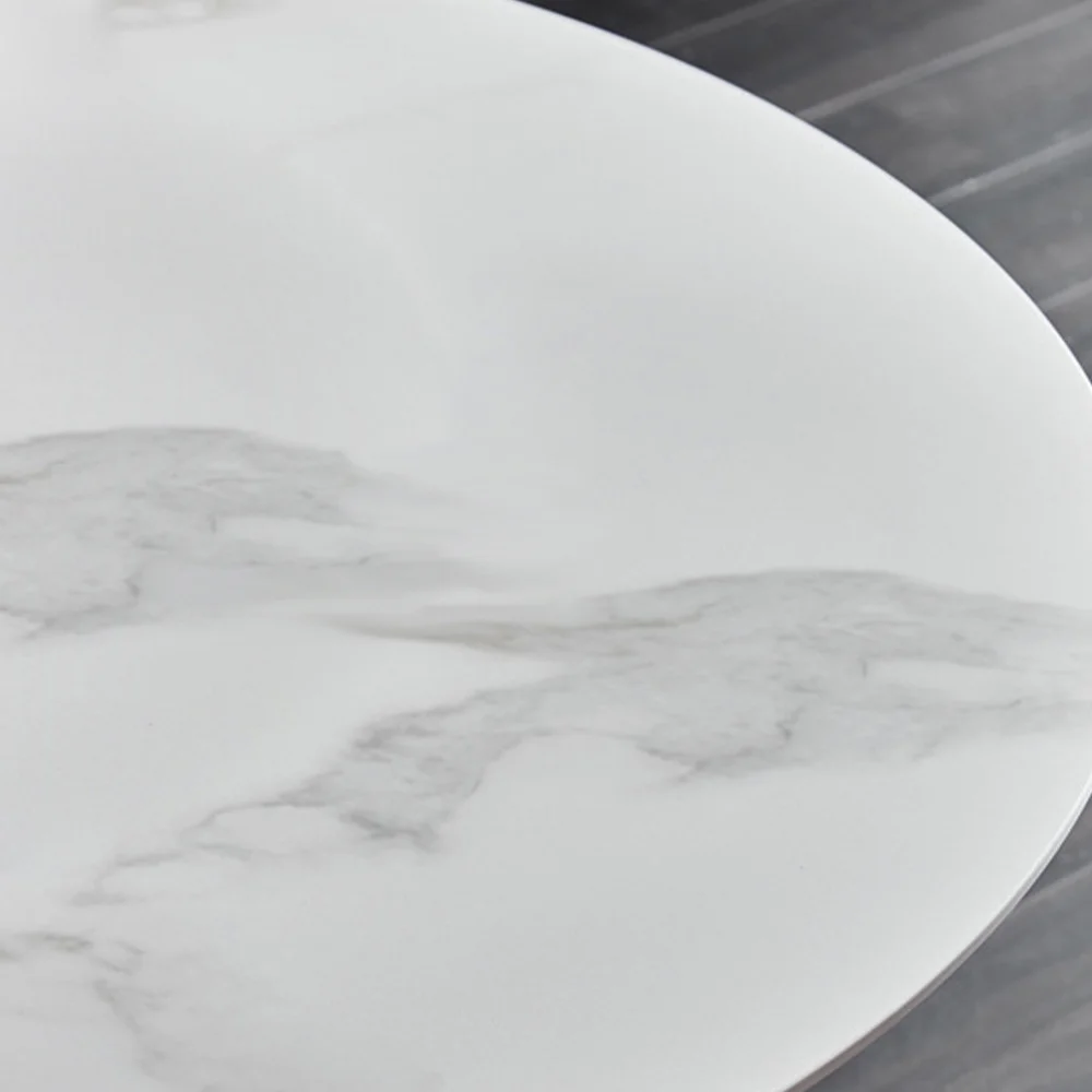 Round White Marble Dining Table with Sculpted Black Wood Base