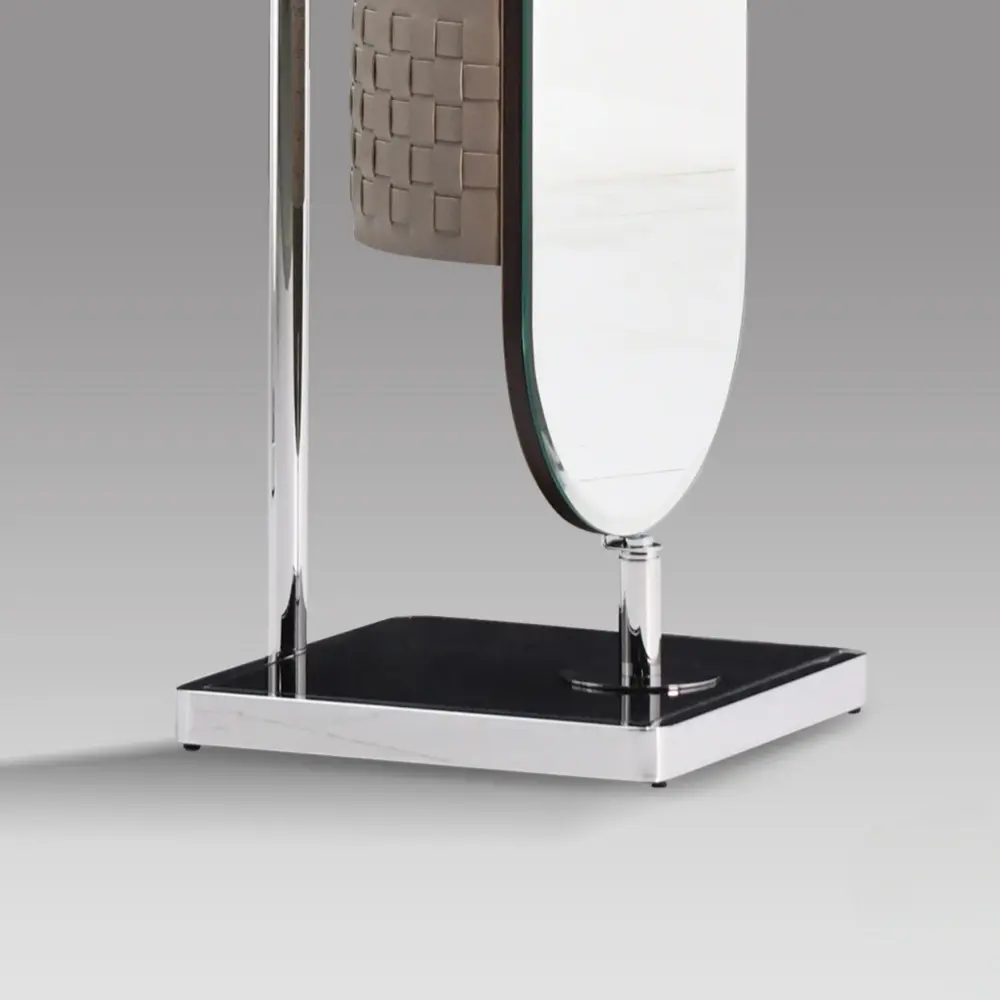 Sleek Oval Silver Mirror Dressing Stand with Microfiber Saddle Leather Accents