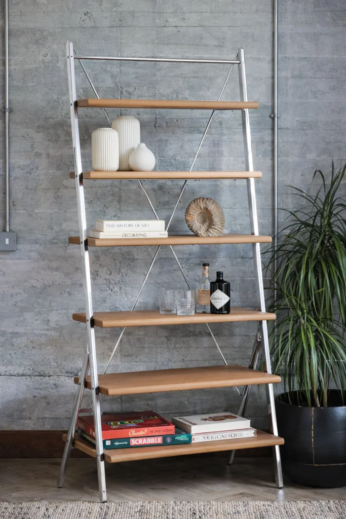 Taupe Metal Frame Folding Open Display Shelf with Wooden Accents