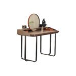Walnut Vanity Desk with Rattan Round Mirror and Storage Tray