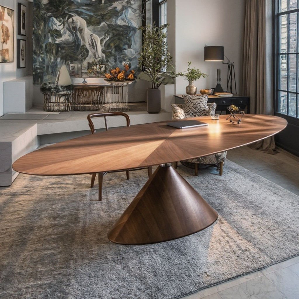 Walnut Round Dining Table with Starburst Veneer and Cone Base