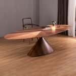 Walnut Round Dining Table with Starburst Veneer and Cone Base