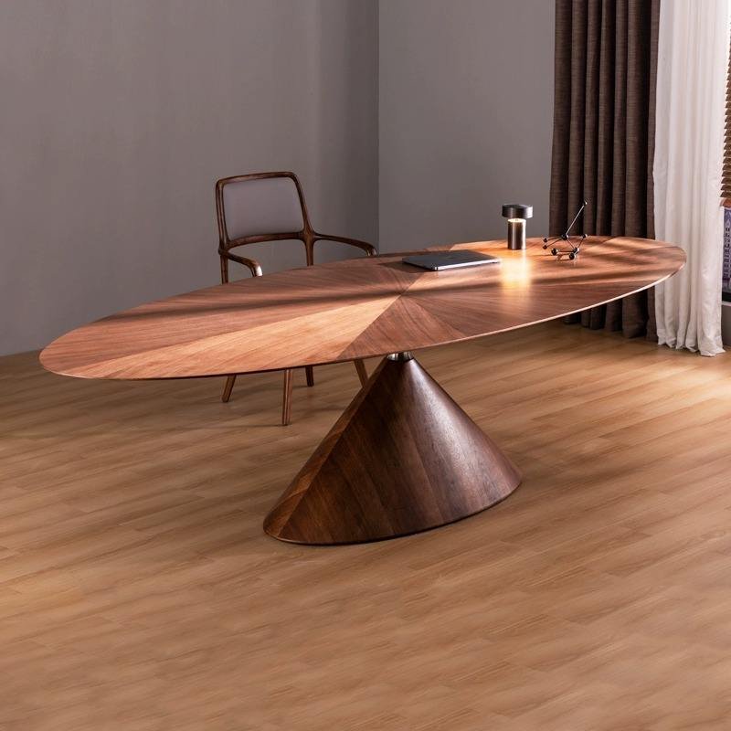 Walnut Round Dining Table with Starburst Veneer and Cone Base