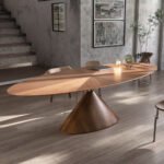 Walnut Round Dining Table with Starburst Veneer and Cone Base