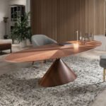 Walnut Round Dining Table with Starburst Veneer and Cone Base