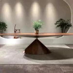 Walnut Round Dining Table with Starburst Veneer and Cone Base