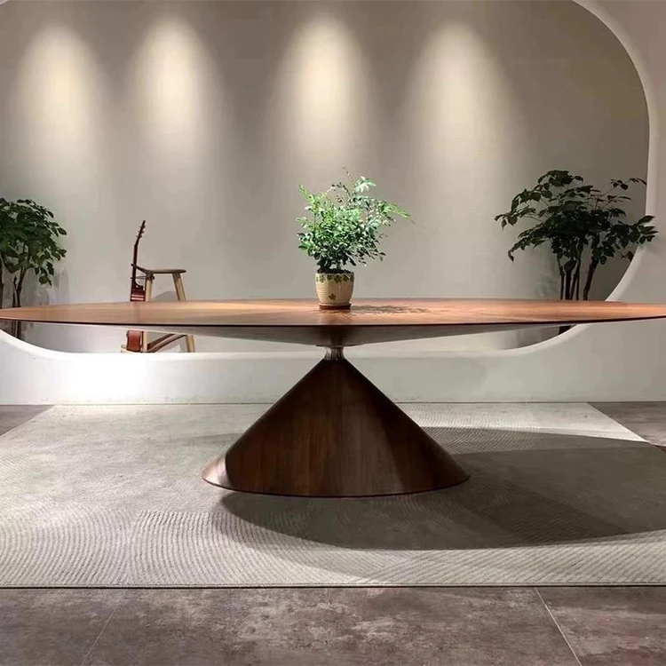 Walnut Round Dining Table with Starburst Veneer and Cone Base