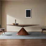 Walnut Round Dining Table with Starburst Veneer and Cone Base