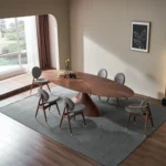 Walnut Round Dining Table with Starburst Veneer and Cone Base