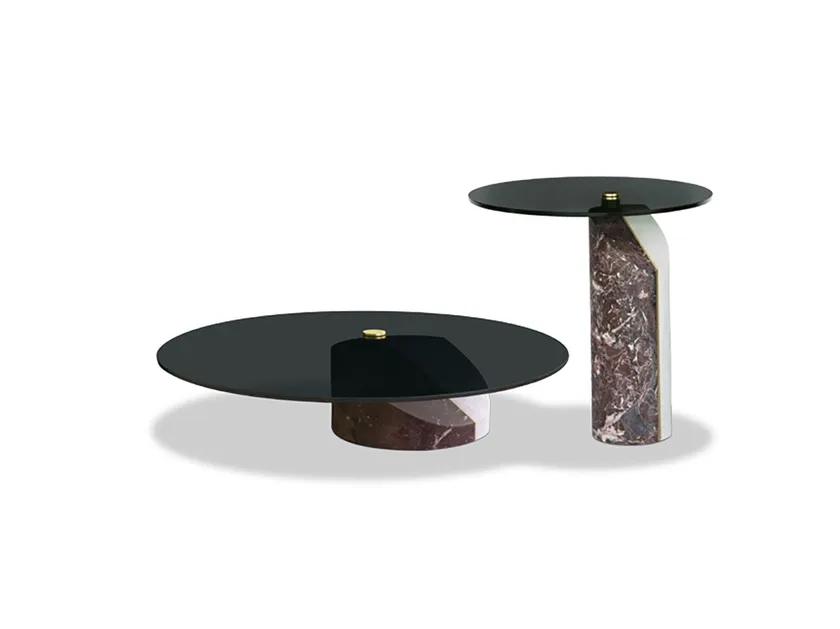 Marble-Accented Black Glass Nesting Side Tables with Geometric Pedestals